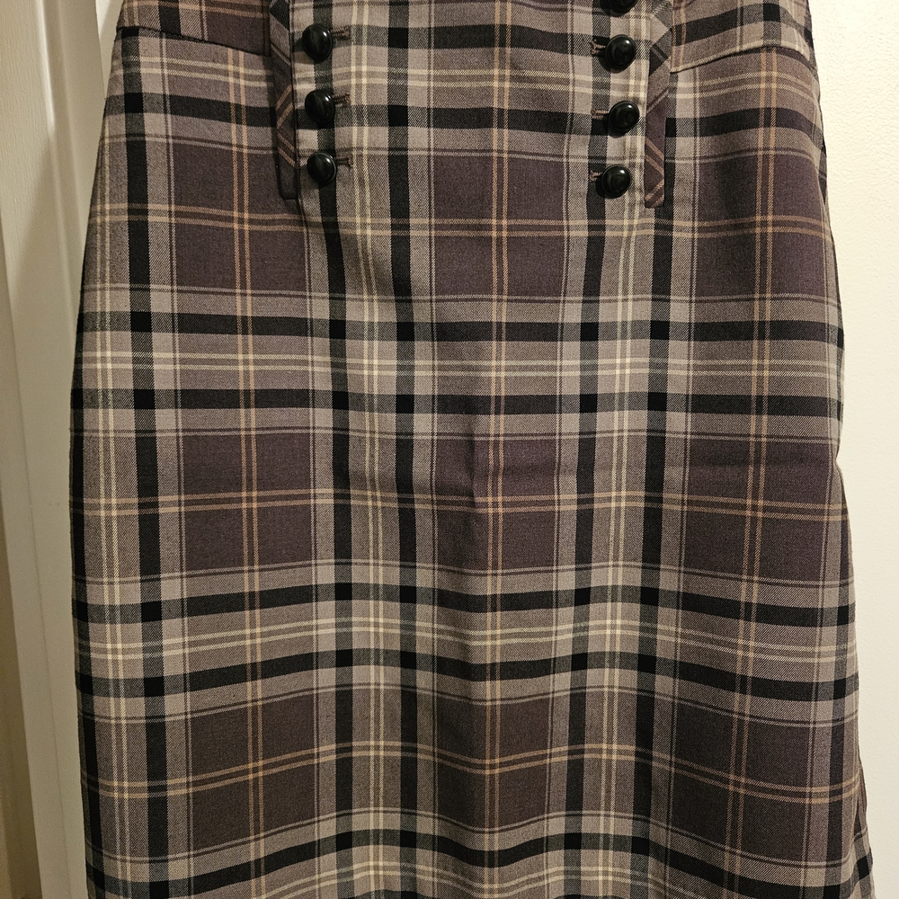 Dalia Collection Plaid Pencil Skirt with Button Accents